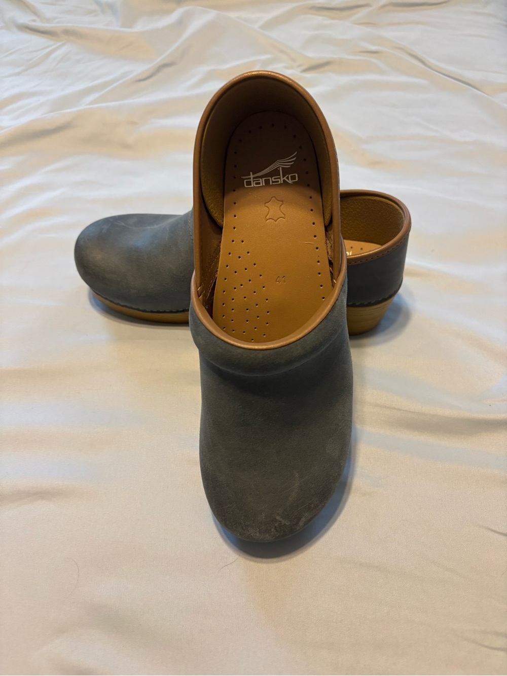 Dansko denim blue Leather Clogs with Tan Trim